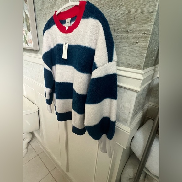 NWT new XS fits small Anthropologie Maeve Sherpa fleece stripe blue sweater top - Picture 8 of 17